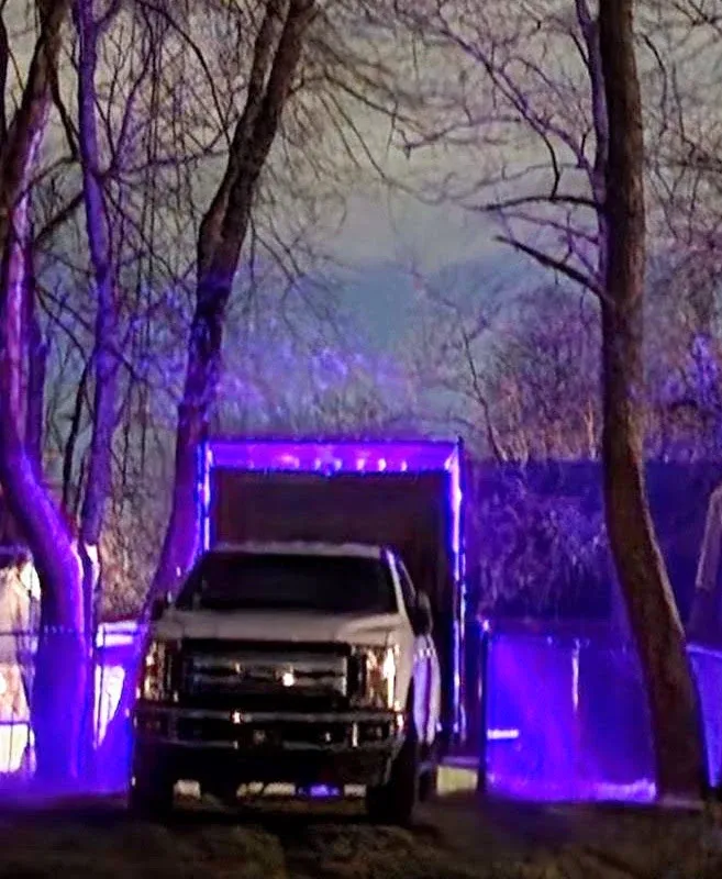 Truck and glowing trailer arriving among the trees