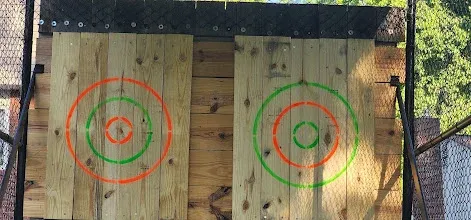 Two wooden targets painted with red and green rings